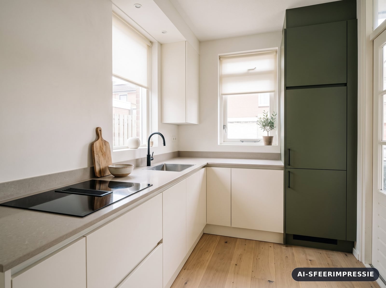 After: Gedateerde Nederlandse keuken en dezelfde keuken als moderne renovatie-impressie